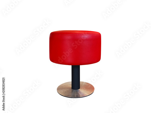 A modern, round bar stool with a red leather seat and steel legs PNG transparent.