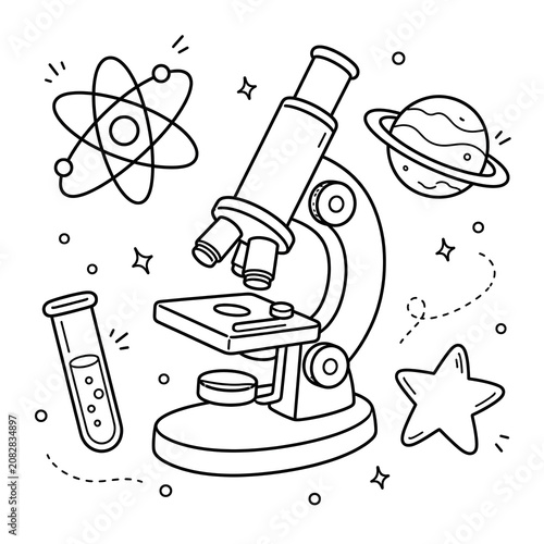 Science and education doodle set featuring a microscope, test tube, atom model, planet with rings, and a star on white