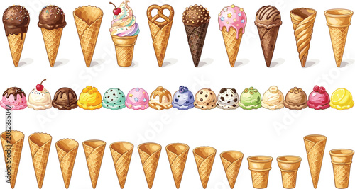 Bild auf Leinwand Ice cream cones constructor set with various waffle flavors sweet scoops and top