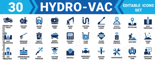 Obraz na płótnie Set of 30 hydro vac excavation equipment icons featuring industrial machinery and utility repair tools Minimal solid fill icon set bundle collection