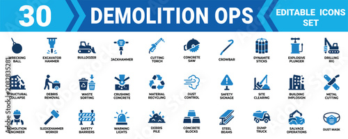 Photos Set of 30 demolition operation icons featuring construction machinery and heavy building site tools Minimal solid fill icon set bundle collection
