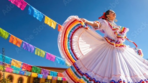 Traditional Mexican Folklore Dancer in Colorful Dress Performing at Cultural Festival Under Blue Sky