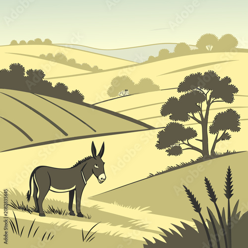 Obraz na płótnie Donkey standing on a hillside with trees and a lake in the background hillside o