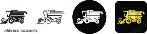Schilderij op canvas Combine harvester heavy agricultural machinery icon set in outline and gold luxu