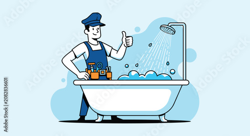 Cheerful friendly cartoon plumber standing next to a running bathtub shower giving a confident thumbs up sign.
