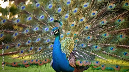 Beautiful male peacock displaying vibrant blue and green feathers