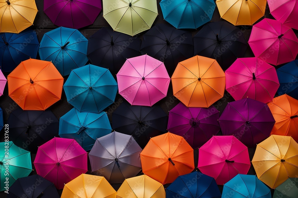 Obraz premium Umbrellas arranged in a dense, colorful pattern fostering concepts of diversity and protection
