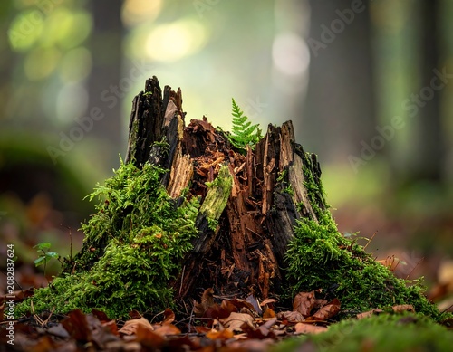 Moss covered tree stump in a forest environment with natural light