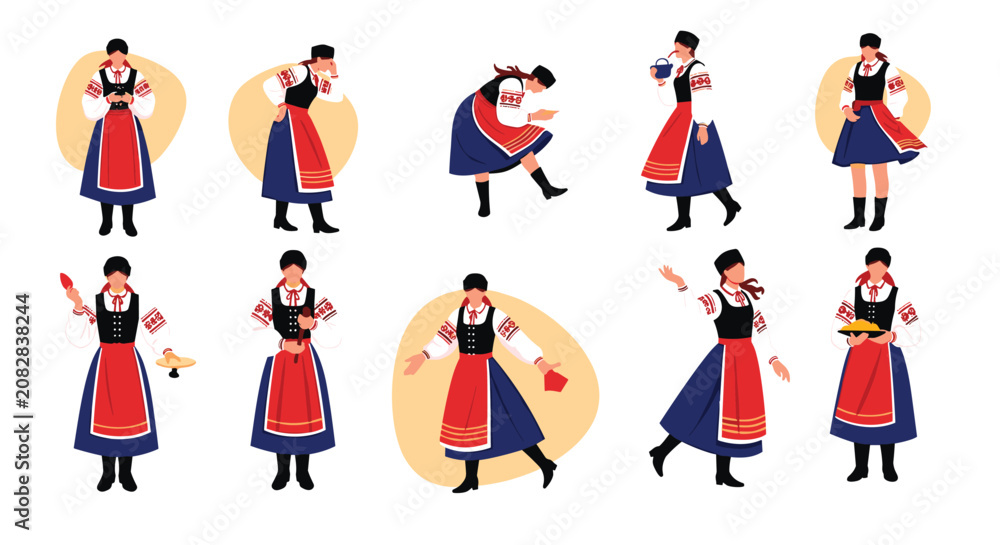 Fototapeta premium Group of women wearing traditional embroidered Ukrainian costumes showcased in various active and graceful poses.