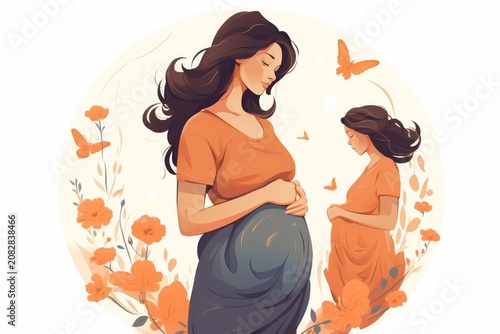 Expecting mothers tenderly holding their baby bumps amid lush flowers and flying butterflies