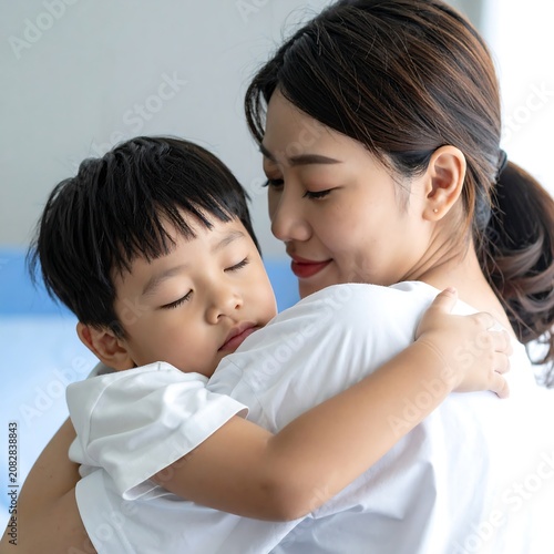 Mother holding sleeping child with gentle embrace and loving expression
