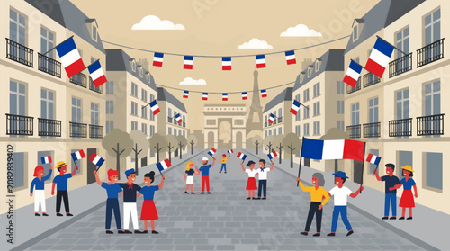 Tableau sur toile Flat Vector Illustration of Parisian Street Scene Celebrating Bastille Day with
