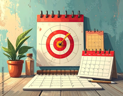 Desk with calendars, a plant, and a target board