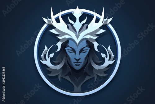 Female face with crown of ice and flowing hair within a circular frame