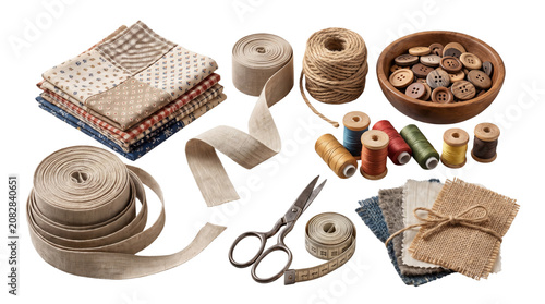 Assorted sewing and textile materials including fabrics threads and scissors for crafting and tailoring projects.