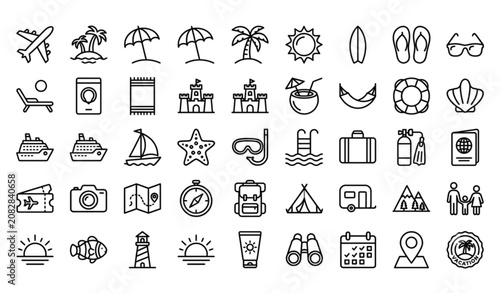 Canvastavla Summer Vacation and Beach Travel Line Icons Collection with Tropical Island Adve