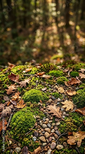 Mossy forest ground with fallen leaves and pebbles