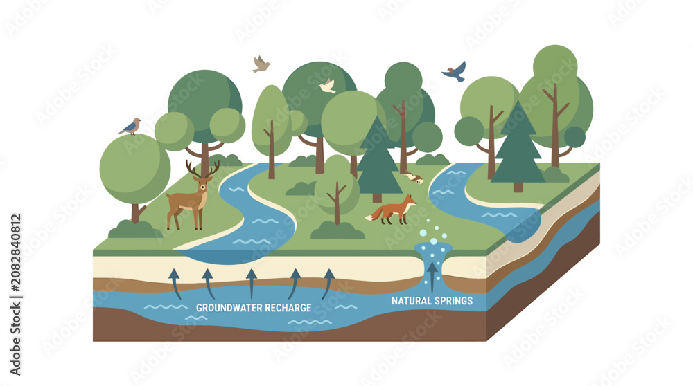 Fototapeta premium Groundwater and surface water interaction in a forest ecosystem.