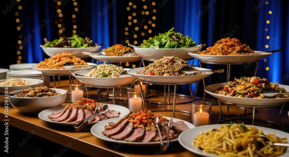Fototapeta premium Elegant Gourmet Buffet Spread with Sliced Roast Beef, Fresh Salads, and Pasta Dishes at a Formal Event