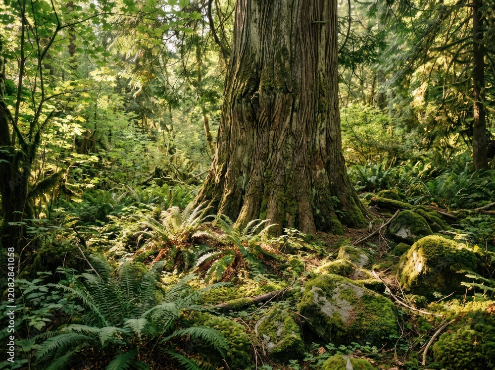 Fototapeta premium Ancient Old Growth Tree Trunk in Lush Forest with Ferns and Mossy Rocks