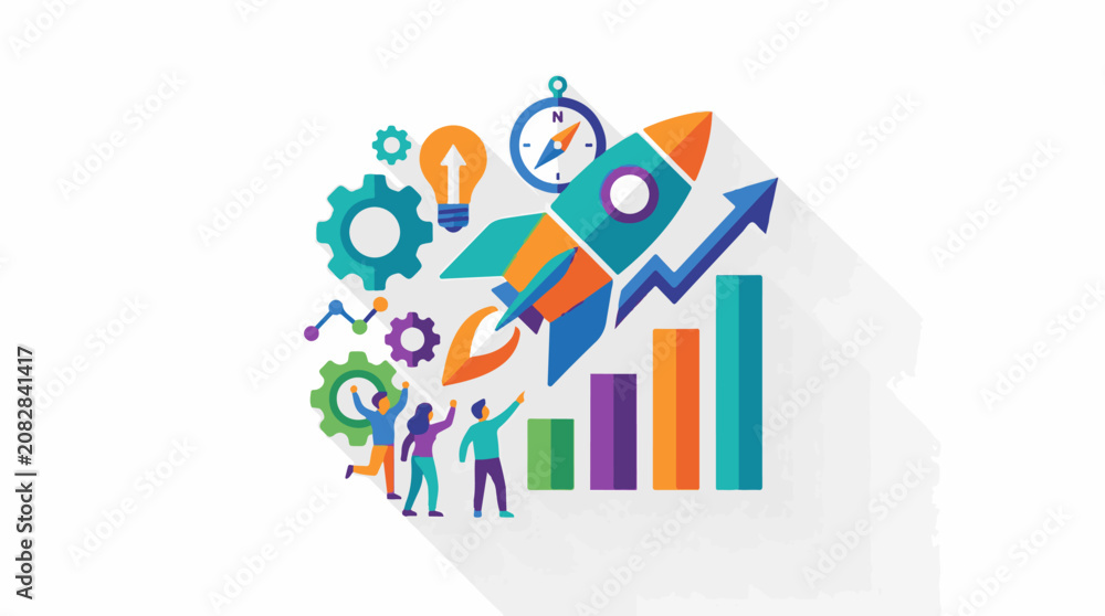 Naklejka premium Colorful rocket launch graphic with business growth elements