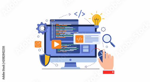 Computer screen displays code play button search and lightbulb idea