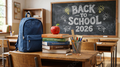 Classroom interior with backpack, books, and back to school 2026 chalkboard.