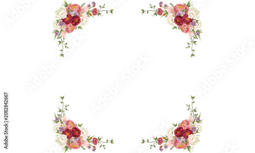 Foto Floral Corner Accents: Delicate arrangements of roses and lavender in cream, pink, and red hues adorn each corner, creating elegant borders for invitations or decorative projects