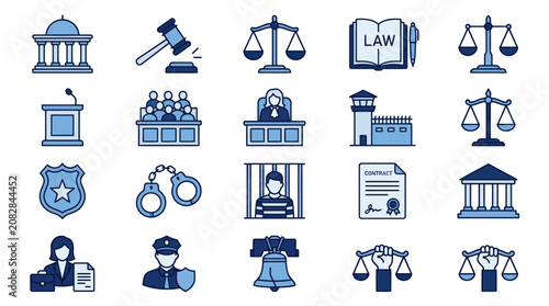 Fotografía Comprehensive judiciary and law enforcement symbol icon set.