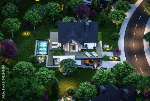 3d rendering of contemporary architectural luxury house exterior at night. Modern Scandinavian style family home, dramatic exterior lighting and garden landscaping at twilight