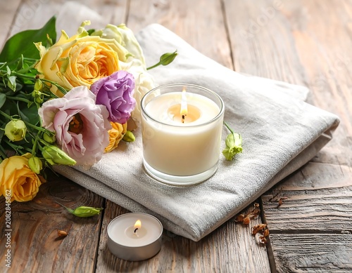 Softly lit candle with delicate flowers and folded fabric on rustic wood