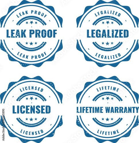 Foto Set of blue vintage circular stamps featuring quality assurance labels for busin