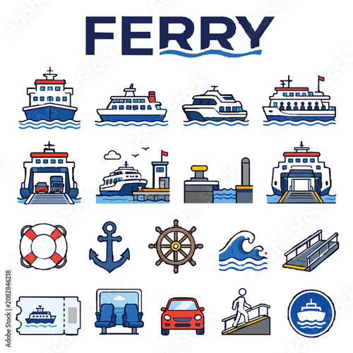 Photos Ferry Line Art Icons Set – Passenger Boat, Water Transport and Maritime Outline