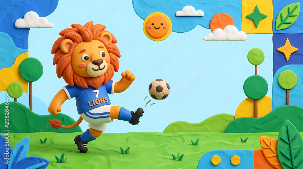Fototapeta premium Cute 3D Clay Lion Character Playing Soccer in a Colorful Stylized Nature Park Landscape