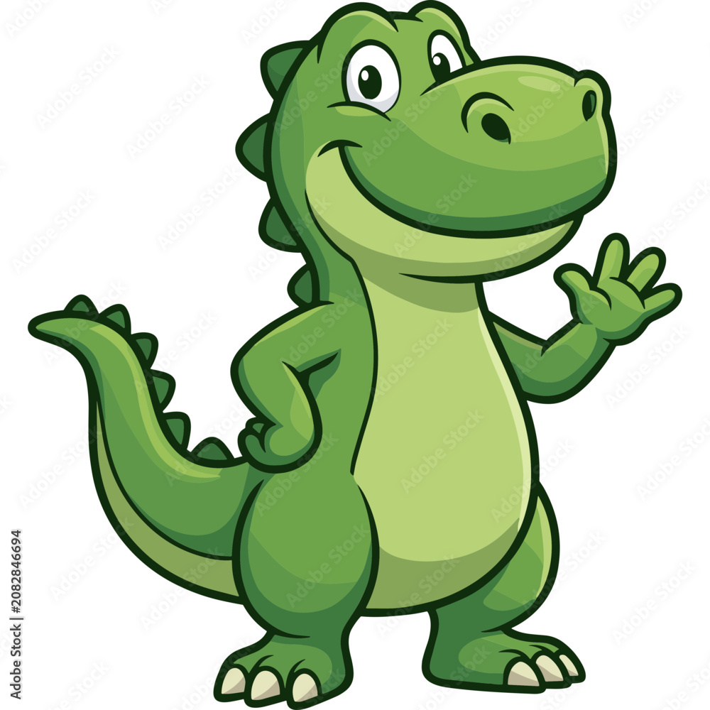 Fototapeta premium A smiling cartoon crocodile waves with one hand on a plain background