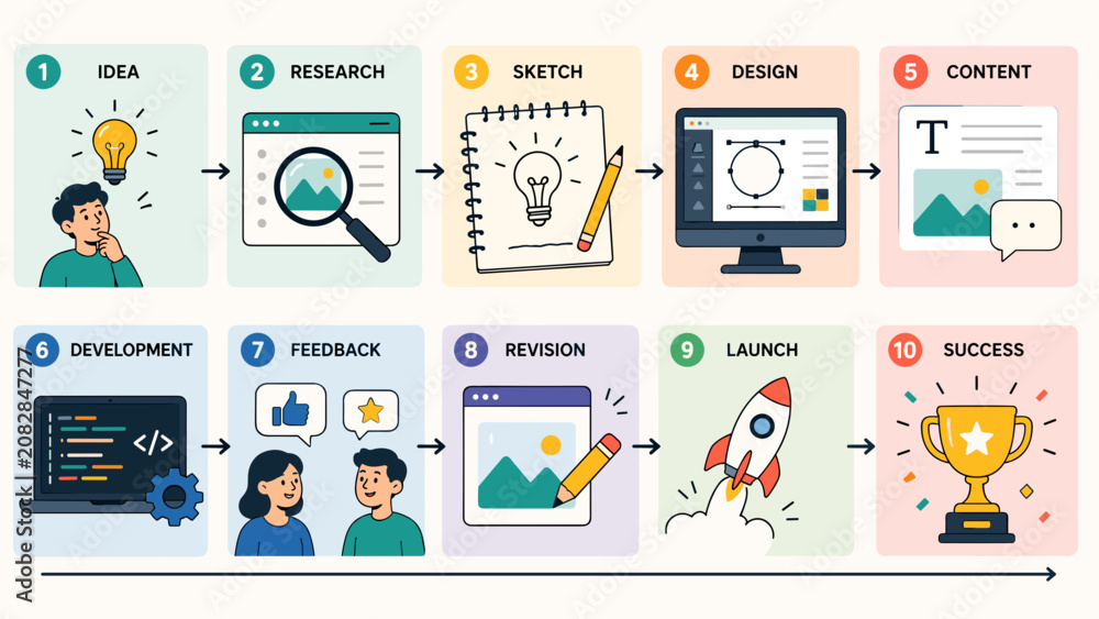 Fototapeta premium Creative process steps from idea to success. Lightbulb sparks inspiration for each phase. Developers code, feedback guides improvements. Launch with confidence, victory awaits
