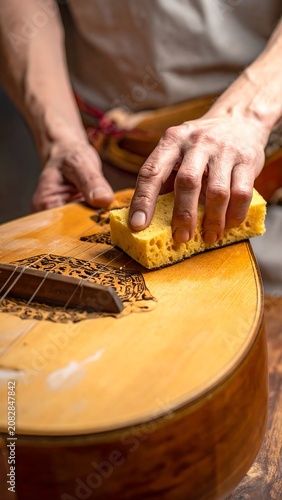 Musician cleaning acoustic guitar wood surface with sponge for maintenance