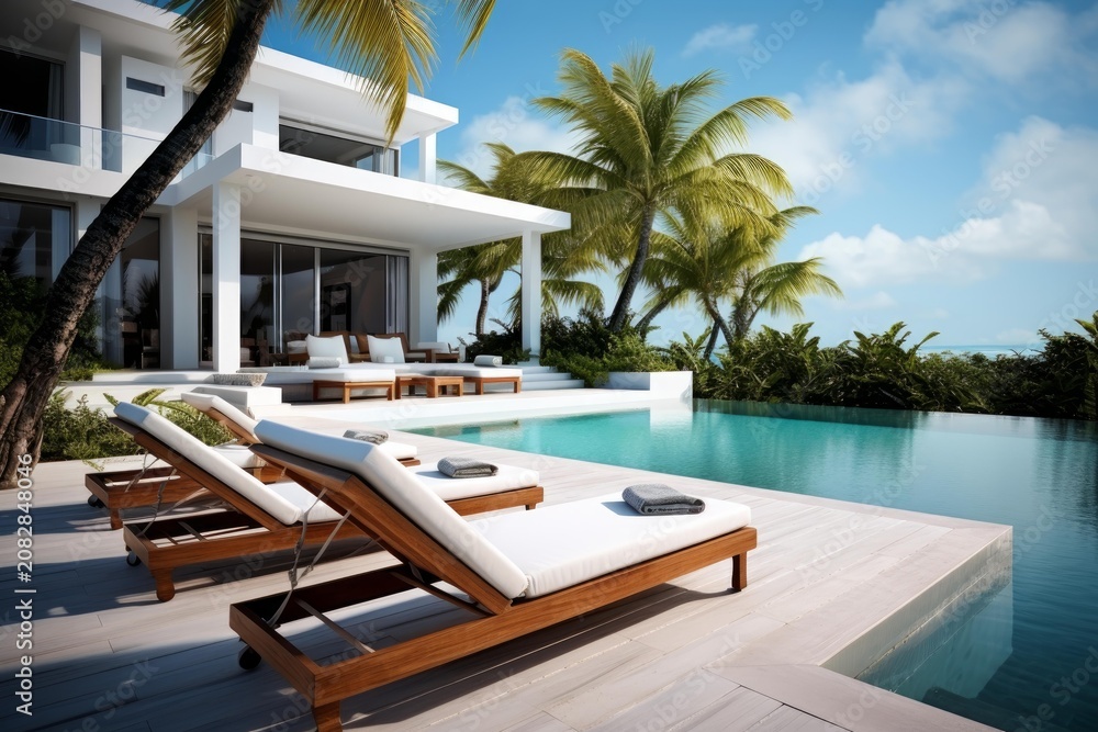 Fototapeta premium Modern luxury villa offering a refreshing infinity pool and sun loungers for relaxation