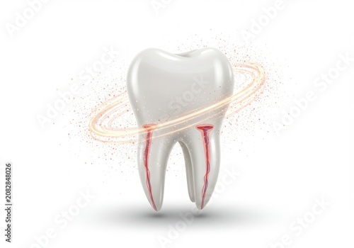 Illustration of a healthy tooth with visible root canals and protective aura