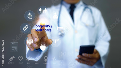 Wellness and longevity healthcare concept showing healthy lifestyle icons including sleep, nutrition, exercise, meditation and long life balance.