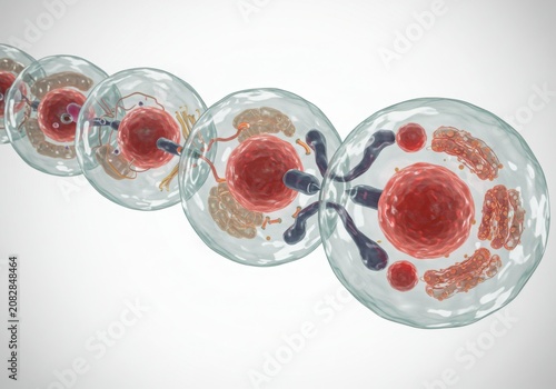 Cellular division process showing chromosomes separating and cells dividing