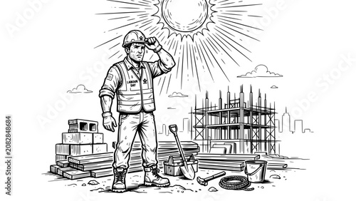 Obraz na płótnie Construction worker standing at sunny outdoor job site with construction