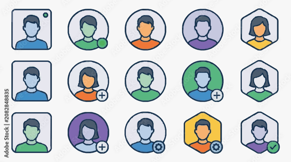 Fototapeta premium Dynamic Set of Illustrated Avatars with Colorful Shirts and Status Icons for User Profiles or Social Media