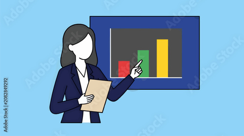 Flat Vector Illustration of Businesswoman Holding Document and Pointing at Bar Chart on Screen, Professional Presentation and Data Analysis Concept