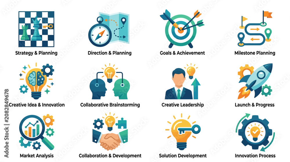 Fototapeta premium Dynamic Visual Guide to Strategic Planning Innovation and Business Development Process with Colorful Icons