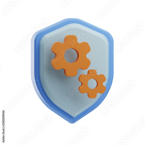 3D rendering of a blue shield with two orange gear icons representing security and settings or system configuration.