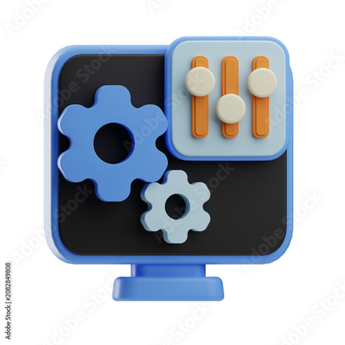 3D render showing a computer monitor with two blue gears and a control panel with three orange sliders, symbolizing settings or system configuration.