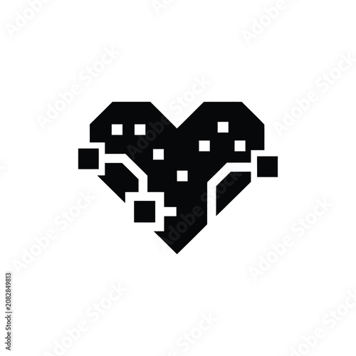 Black heart shape featuring integrated circuit patterns and square nodes isolated on a white background, representing digital love, technology, health, and connectivity concepts