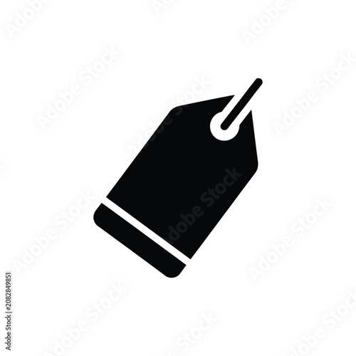 Black price tag with a diagonal orientation and a hole at the isolated on a white background, representing shopping, sales, discounts, retail, and commerce concepts for digital use