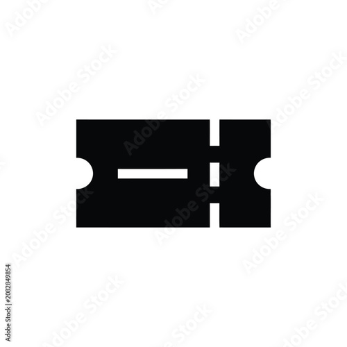 Black ticket with a central horizontal line and semi-circular cutouts on the sides, isolated on a white background, representing events, admission, travel, and entertainment concepts